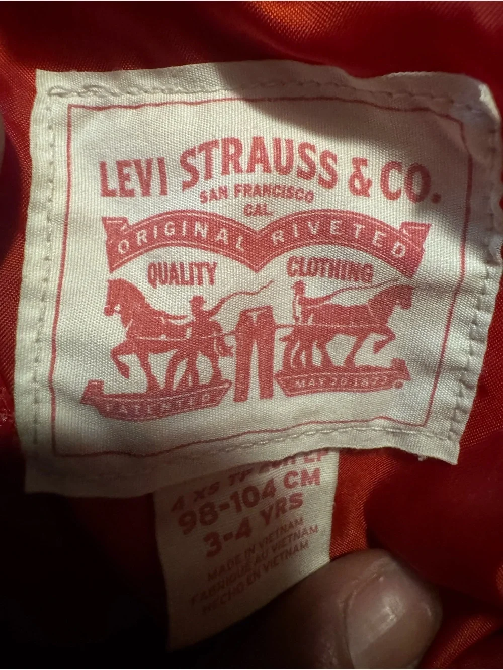 Levi's Red Hooded Puffer Jacket with Navy and White Stripes